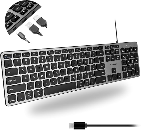 Macally Premium Wired USB C Keyboard with USB Ports - Connect Up to 3 Devices - (2X USB-A |1x USB-C Ports) - Wired Keyboard for Mac Mini/Pro, iMac, Macbook, iPad, and PC - Full Size Type-C Keyboard
