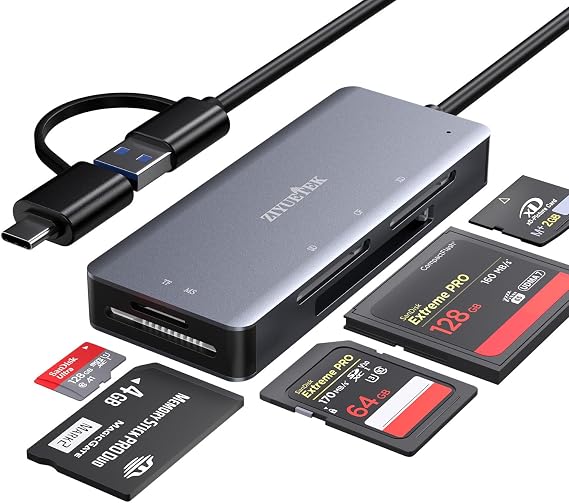 SD Card Reader, Aluminum 5in1 USB USB-C to SD Micro SD MS CF XD Card Reader Adapter Compatible with iPhone 15/16/Pro/Max, MacBook Pro/Air 2023, iPad Pro, iMac, S23, XPS 17, Surface Book 3 and More
