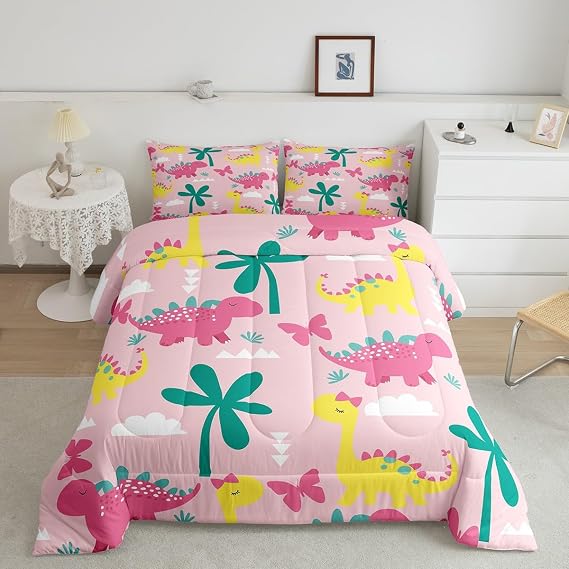 Cute Pink Dinosaur Comforter Sets King Size,Coconut Tree Bedding Set 3Pcs for Kids Teens Adults Room Decor,Tropical Hawaii Style Down Comforter Cartoon Style Bedding Comforters,2 Pillowcases