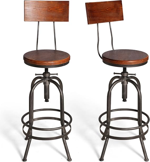 Set of 2 Industrial Bar Stools with Backrest 26-32inch Counter Height Adjustable Rustic Kitchen Island Stool Vintage Dining Breakfast Chair Swivel Wooden Seat