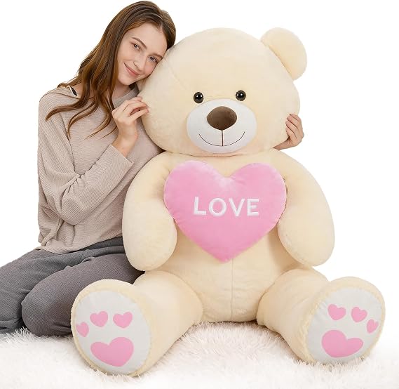 Giant Teddy Bear with Heart, 52" Valentine Stuffed Animal, Cream