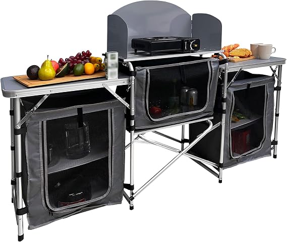 Camping Kitchen Table, Portable Folding Aluminum Cooking Table with 3 Storage Cupboards and Carrying Bags, Outdoor Cooking Station for Beach BBQ RV Traveling Camping Party (Grey)