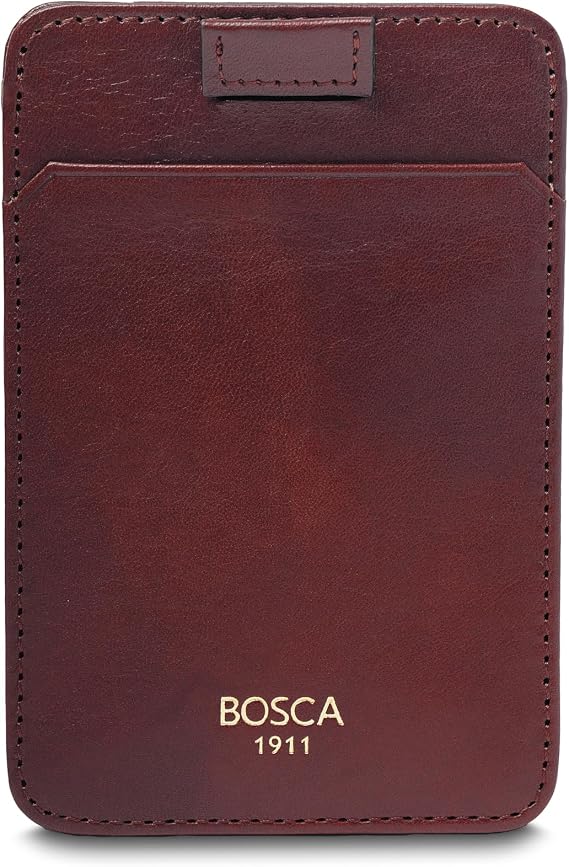 Bosca Leather Card Holder for Men - Slim Wallet with Pull-Tab Ejector - Card Pockets For Multiple Cards Minimalist Design - Men's Credit Card & ID Cases 3.75" x 2.25" Dark Brown