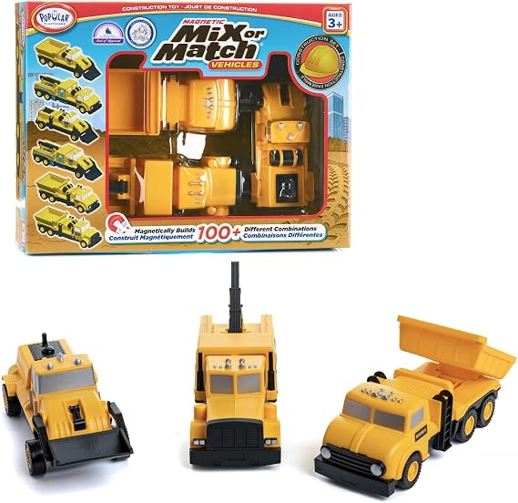 Popular Playthings Magnetic Mix or Match Construction Vehicles, Set of 3
