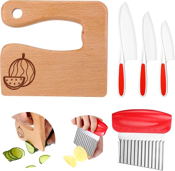 Zhehao 7-Piece Wooden Kids Knife Set - Includes Wooden & Plastic Knives, Slicers, Toddler Knife, Gloves - Watermelon