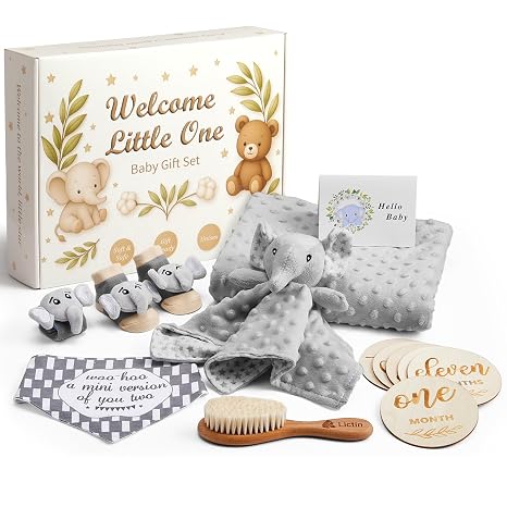 Lictin Baby Gifts for Birth 14 Pieces Newborn Gift Gift Set with Baby Blanket Baby Safety Blanket Baby Rattle Socks and Wrist Baby Bib Wooden Brush and Milestones