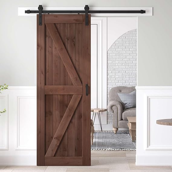 32x80 inch Sliding Barn Wood Door Slab with 5.5ft Hardware Kit and Handle, Coffee, K Shape, Simple DIY Assembly