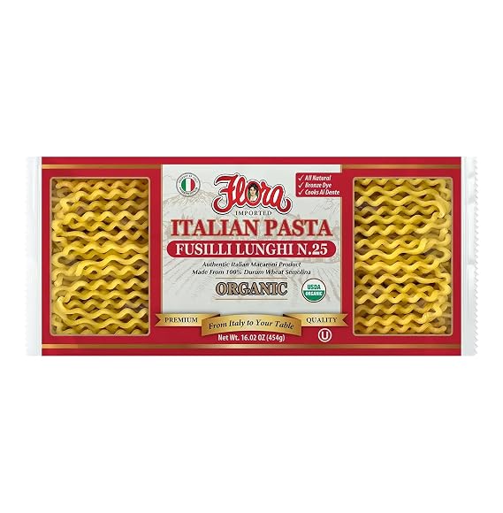 Organic Fusilli Lunghi Pasta by Flora Foods | Long Spiral Pasta Imported from Italy (16 oz / 454g) | Cooks al Dente