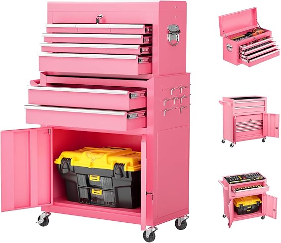 8-Drawer Rolling Tool Chest with Lock, Detachable Tool Cabinet Cart with Wheels, High-Capacity Mechanic Tool Storage for Garage Workshop Warehouse (Pink)