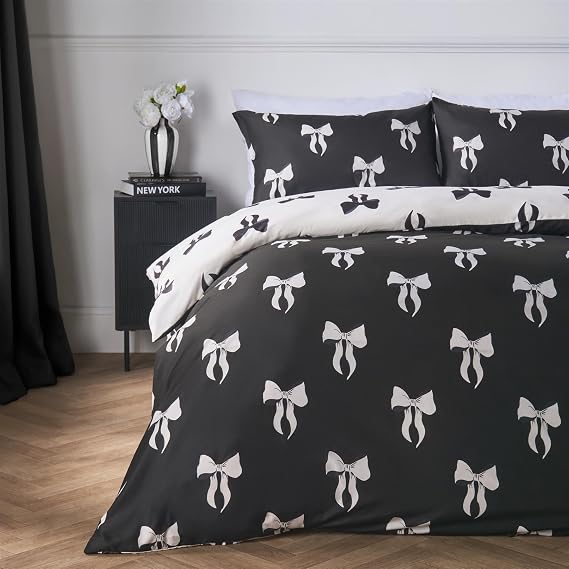 OHS Double Bedding Set Bow Printed, Birthday Gifts for Women Super Soft Microfibre Reversible Double Duvet Set Warm Cosy Stylish Duvet Cover with Pillowcases, Monochrome