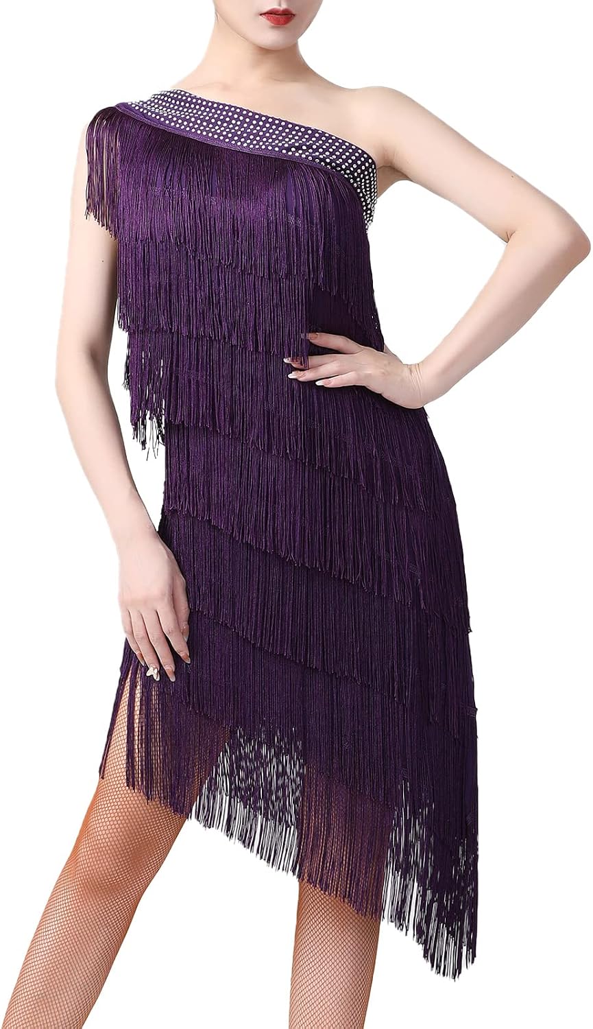 Women Sequin Tassel Fringe Flapper Dress 1920s Gatsby Asymmetrical One Shoulder Salsa Latin Ballroom Cocktail Dance Costume