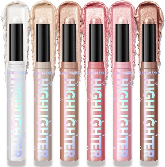 6PCS Shimmer Glow Highlighter Stick Set, Cream Highlighter Makeup, Glitter Highlight for Face Eyes Body, Lightweight Blendable Radiant Finish, Long Lasting Makeup Kit