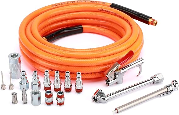 18 Pieces Air Tool Accessories Kit with 3/8 Inch X 25 FT PVC Hose, 1/4 Inch NPT Quick Connect Fittings, Air Blow Gun, Tire Gauge, Air Chuck