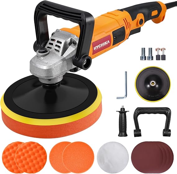 HYCHIKA 1580W Car Polisher and Buffer, Car Detailing Machine with Variable 6 Speeds Control, Pure Copper Motor, Low Noise Design for Car, Sofa Cabinet Tiles Floor, Car Polishing Kit