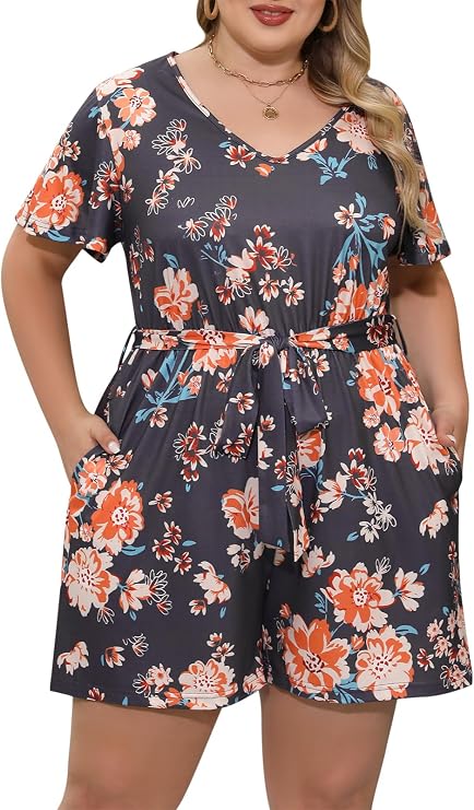 Nemidor Women Plus Size Summer Short Romper Jumpsuit Belt Pocket