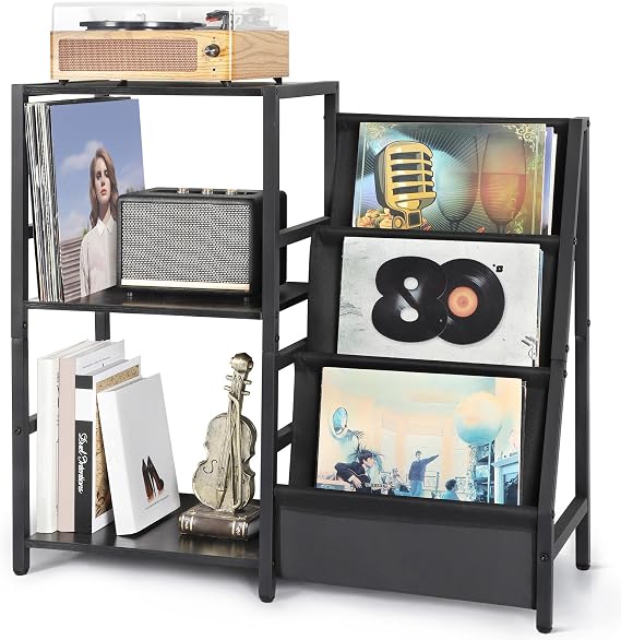 Bikoney Record Player Stand with 3-Tier Vinyl Storage for 200 LPs - Black