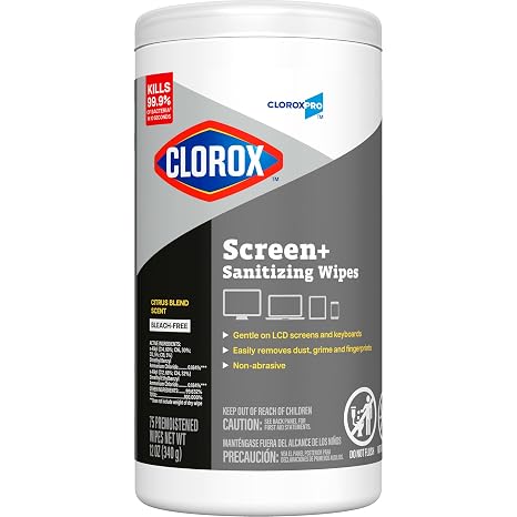 CloroxPro Clorox Screen+ Sanitizing Wipes, Disinfecting Wipes for Electronics, Gentle on Phones, Tablets, LCD Screens, Laptops and Sensitive Surfaces, Citrus Blend Scent, 1 Canister, 75 Wipes