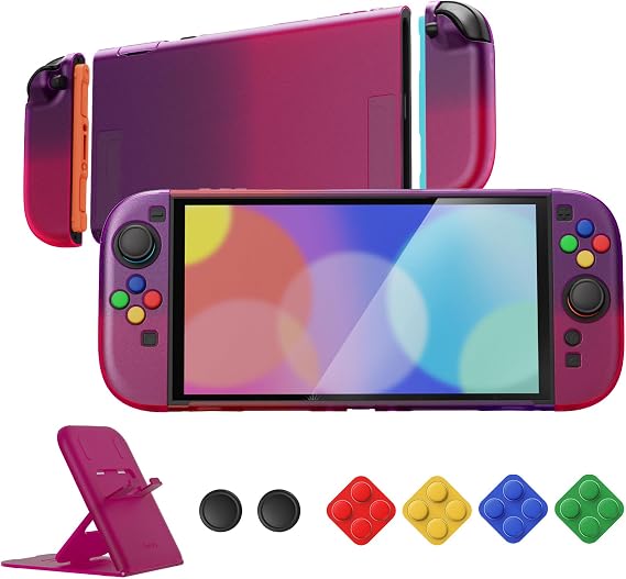PlayVital Clear Series Protective Case for Nintendo Switch 2, Anti-Scratches Hard Shell Dockable Grip Cover with Extra Foldable Stand & Thumb Grips for Nintendo Switch 2 - Clear Atomic Purple Rose Red
