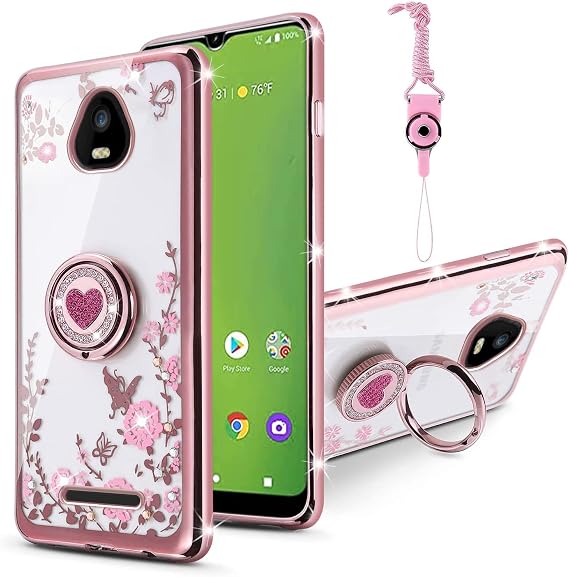 for SCHOK Volt SV55 SV55216 Case for Women Glitter Crystal Soft Bling Cute Butterfly Heart Floral Clear Protective Cover with Kickstand+Strap for SCHOK Volt SV55 SV55216 (Rose Gold)