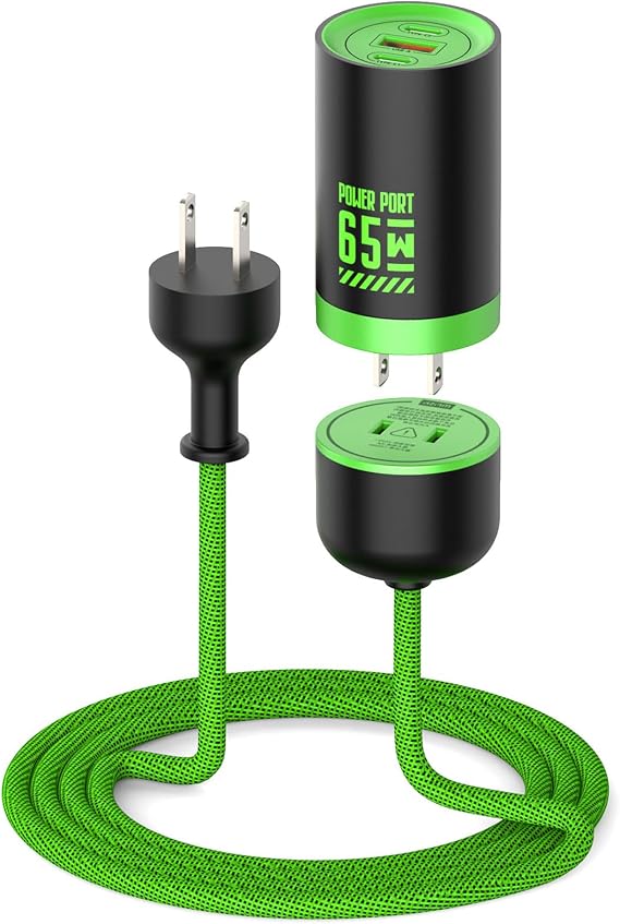 MFish 65W 3-Port GaN USB C Charger with Detachable 5Ft Cord, Cyber Green | Equipped with 5Ft Detachable Power Extension Cord, Travel & Desktop Dual-use Mode, Foldable Plug, For MacBook, iPhone, iPad
