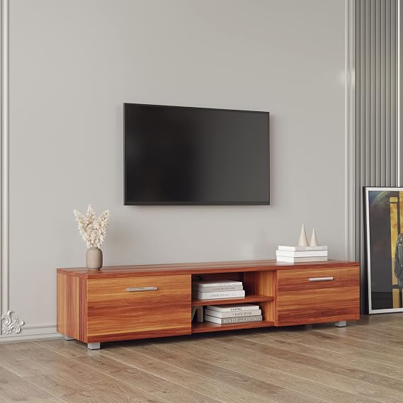 Wood TV Stand with 2 Storage Cabinet and Open Shelves Mid Century Modern Entertainment Center Media Console Table Storage Desk for Up to 70 Inch TV, Walnut