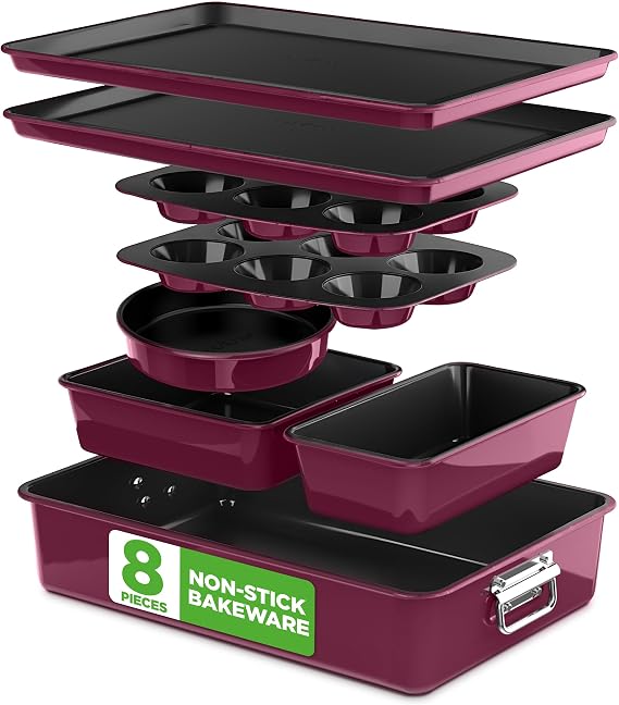 NutriChef Non-Stick Bakeware Set 8-Piece, Stackable Oven-Safe Baking Trays, Cookie Sheet, Loaf, Muffin, Pizza, Round, Square Cake Pans, Space-Saving Kitchen Bakeware