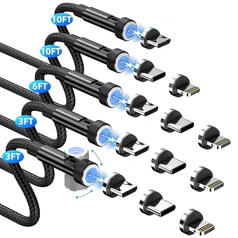 Magnetic Charging Cable [5-Pack,3/3/6/10/10FT] 3 in 1 Magnetic Phone Charger 360&180 Rotating USB Charger Cable with LED Light Nylon Braided Cord for Micro-USB, USB C and i-Product Device-Black