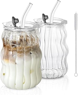 Ribbed Glass Cups with Lids and Straws Unique Glasses for Iced Coffee, 18oz Vintage Design, Ideal Wavy Coffee Cups with Straws, Bubble Glass Aesthetic, Clear Ribbed Glasses
