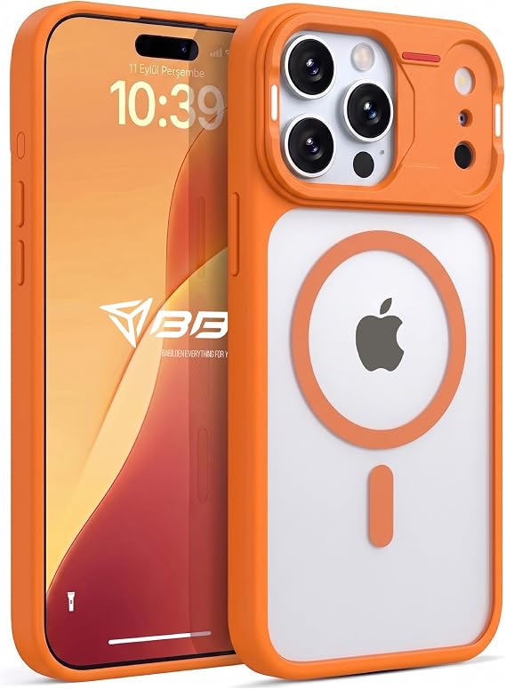 Babilden iPhone 16 Pro Max İçin Kılıf Mat Şeffaf Magsafe İle Uyumlu Premium Koruyucu Darbe Emici Silikon Kenarlı Kamera Korumalı (Turuncu)