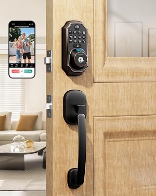 Keyless Entry Deadbolt with Handle Set - WiFi Smart Lock with Camera, 5-in-1 CameraDoorbellFingerprintKeypad, App Control, Auto Lock, Easy Install, Waterproof for Front DoorBlack