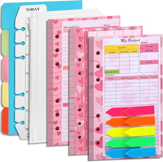 Toplive 7 Pack A6 Planner Inserts Monthly Weekly Planner Refills Expense Budget Sheets with Money Cash Envelopes Divider Today Ruler Stickers for A6 Binder Cover Organizer, Pink