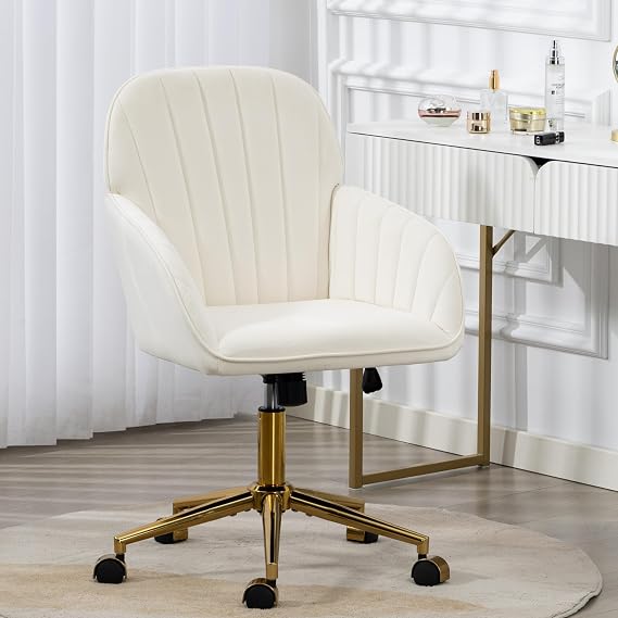 Velvet Make Up Vanity Chair with Wheels and Gold Base 330 Lbs - Beige