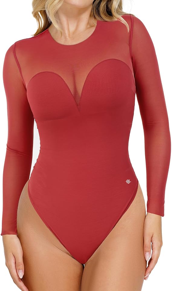Popilush Long Sleeve Body Suits Womens Tummy Control Mesh Shapewear Corset Bodysuit Sheer Going Out Tops Fall Outfits Red
