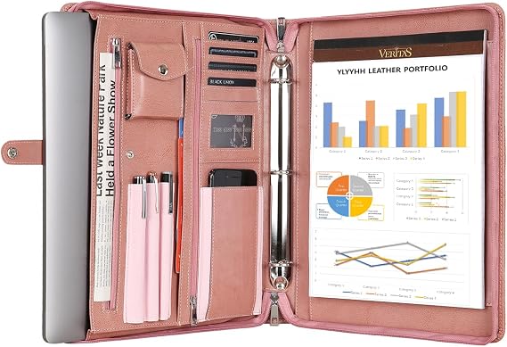 Pink Leather Padfolio for Women, Business Leather Binder 3 Ring Portfolio, Personalzied Leather Portfolio Binder, Zippered Portfolio Organizer for A4 Letter Size Notepad & 13-inch Laptop/Tablet