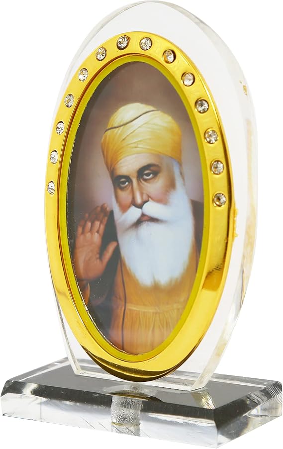 BISMAADH Car Dashboard Oval Shape Acrylic Showpiece Figurine Religious Idol Statue for Office & Home Decor (Guru Nanak Dev Ji)