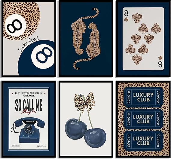 6Pcs Trendy Navy Wall Art Cheetah Poster Wall Decor Funky Lucky 8 Ball Prints Trendy Preppy Aesthetic Painting Blue Bow Girly Pictures Decoration for Girls Room Dorm Apartment 20X25cm Unframed