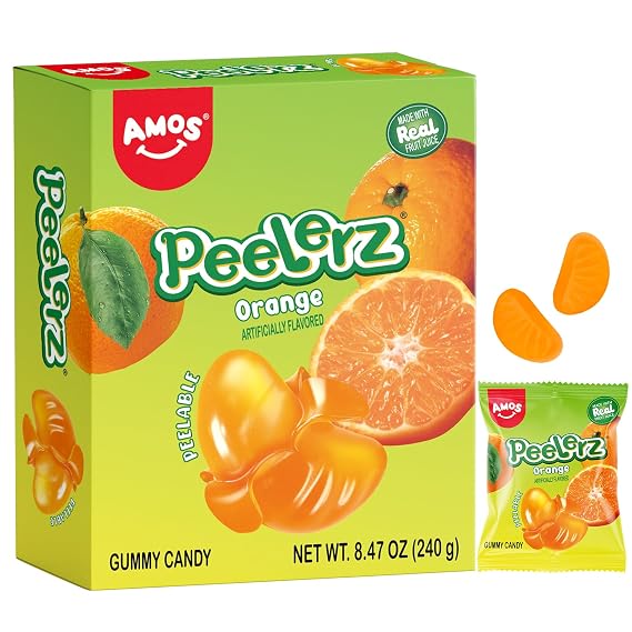 AMOS Peelerz Gummy Orange Candy, Peelable Fruit-Shaped Candy, 8.47oz Box with 10 Individual Packs Fun Peeling Gummy Snack Made with Real Juice