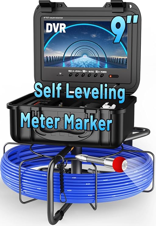Sewer Camera Self Leveling, Anysun Sewer Inspection Camera 300ft with 9'' Monitor and DVR Recorder with 32GB Card, Meter Marker, 12 Adjustable Lights