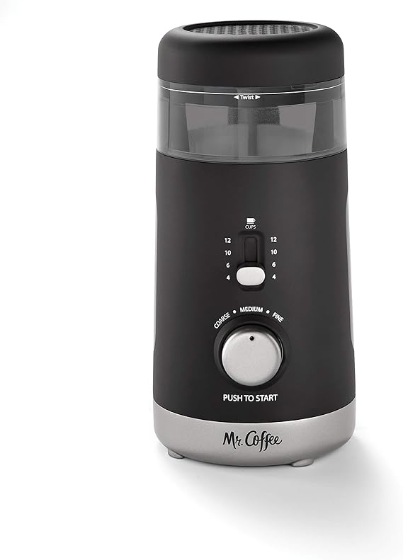 Mr. Coffee Automatic Coffee Grinder with 5 Presets, 12 Cup Capacity, Black Ideal for Home Use and Espresso Lovers