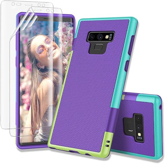 Case for Galaxy Note 9, Note 9 Case with 2 Pack HD Soft Screen Protector, Contrasting Colors Ultra Slim One-Piece Anti-Slip Rugged Soft TPU Bumper Shockproof Case Cover for Galaxy Note 9 - Purple