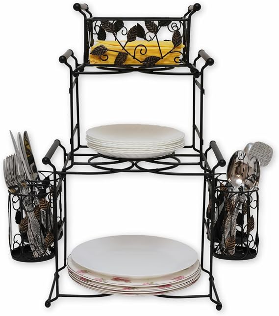 Chaffing Dish Buffet Set 3-Tier Chaffee Buffet Set with Plate, Napkin and Silverware Holder Buffet Caddy Plate Holder Organizer for Kitchen, Dining, Entertainment Tiered Organizer