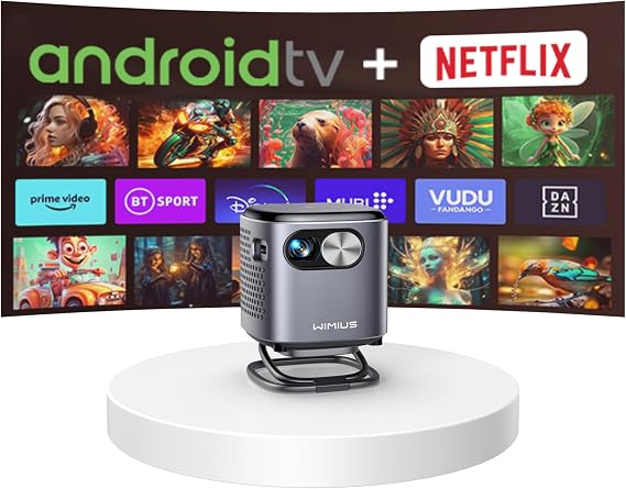 WiMiUS Q2 Mini Projector Equipped with Android TV / DLP / 360 Degree Ceiling Projection / Automatic Vertical Trapezoid Correction / Short Focus / Silent / Dustproof / Outdoor / Home Use / 5G WiFi, Bluetooth 5.2 / HIFI Speaker, Mini Mobile Home Theater, Compatible with Android / iPhone / Smartphones / Tablets / Computers / Switch, PS4 / DVD Players