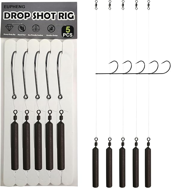 Eupheng Drop Shot Rigs for Bass Fishing, Ready Rig Kit with Barrel Swivel Drop Shot Weights Leader Line and Hook, Multiple Specifications Available