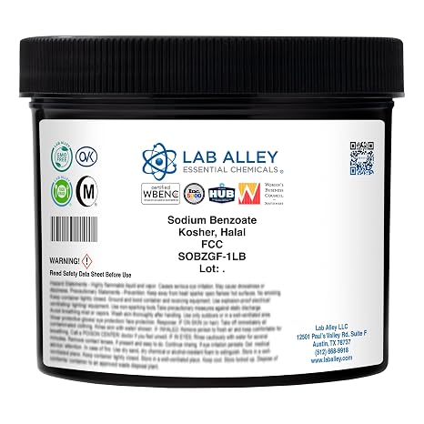 Lab Alley Sodium Benzoate, Food Grade, Kosher Certified, Halal, GMO-Free, Food & Beverage Preservative Powder, Bulk Additive & pH Stabilizer, 1 lb