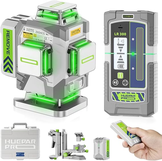 Huepar Pro Laser Level 360 Self Leveling, 4x360 Green Cross Line Laser Tool Set with Receiver for Outdoor&Long Distance Use Up to 660ft, Rechargeable Lazer Leveler Tool for Construction -ZK04CG-LR300