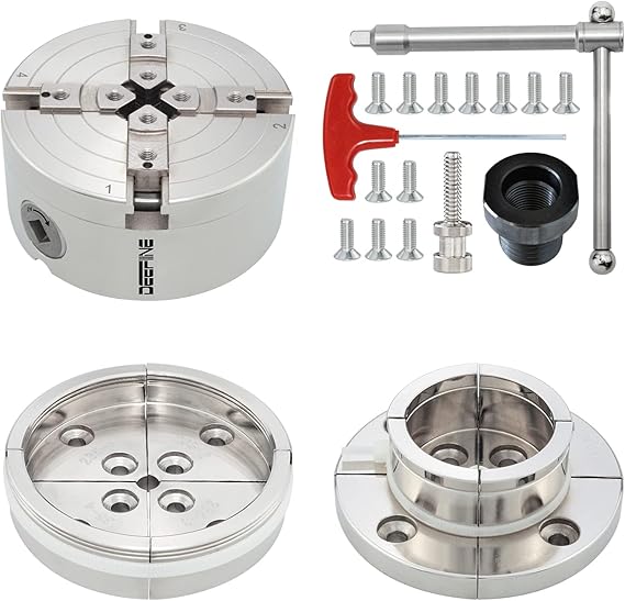 4 Inch Wood Lathe Chuck Set 1" x 8 tpi Thread & 3/4" x16TPI Adapter, Nickel Plated Self Centering 4 Jaw Wood Turning Chuck Set (2PCS Jaws)