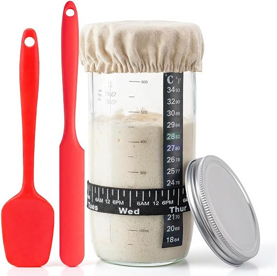 Sourdough Starter Kit- 24oz/730ml Large Capacity Sourdough Starter Jar with Thermometer and Date Marked Feeding Band, Sourdough Bread Baking Supplies for Making Delicious Sourdough Breads