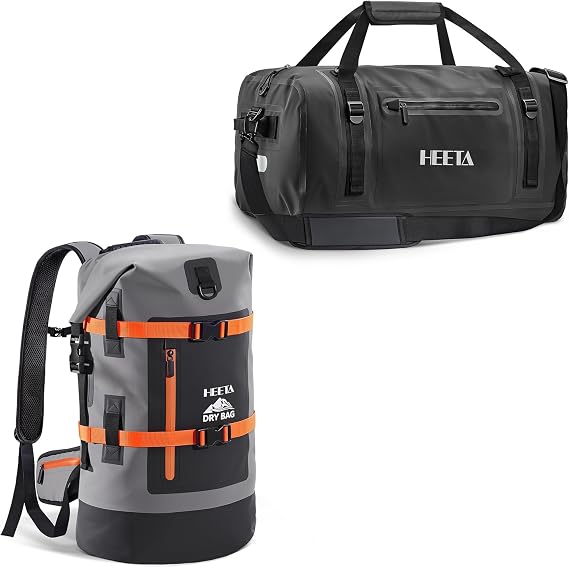 HEETA Dry Bags Waterproof Backpack for Men & Women, Roll Top Heavy Duty Cushioned Hiking Backpack (Grey 40L) Bundled with Waterproof Motorcycle Dry Bag with Zippered Closure & Pocket (Black 50L)