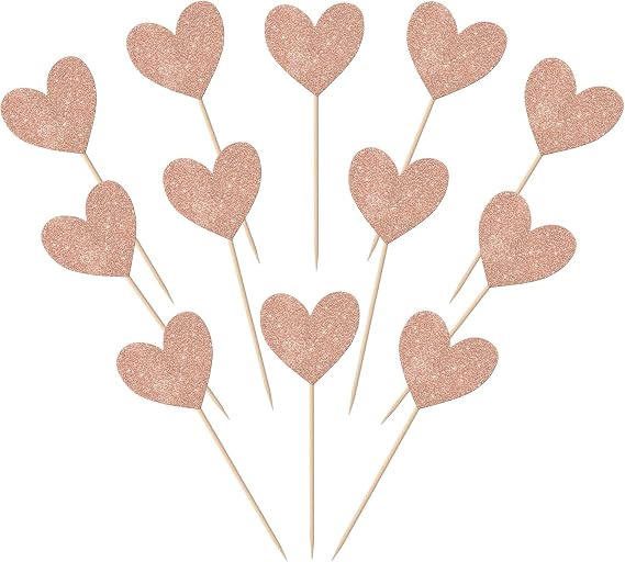 Pack of 40 Heart Cake Decorations Glitter Love Heart Valentine's Day Cake Decoration for Valentine's Day Theme Wedding Engagement Bridal Shower Birthday Party Cake Decorations Rose Gold
