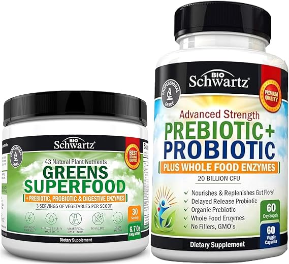 Super Greens Powder with Probiotics Prebiotics and Digestive Enzymes (30 Servings) Plus Advanced Strength Pre and Probiotics Supplement with Digestive Enzymes (1 Month Supply)